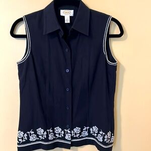 Talbots Navy Blue Sleeveless Top White Floral Cross-stitch Embroidery Size 4